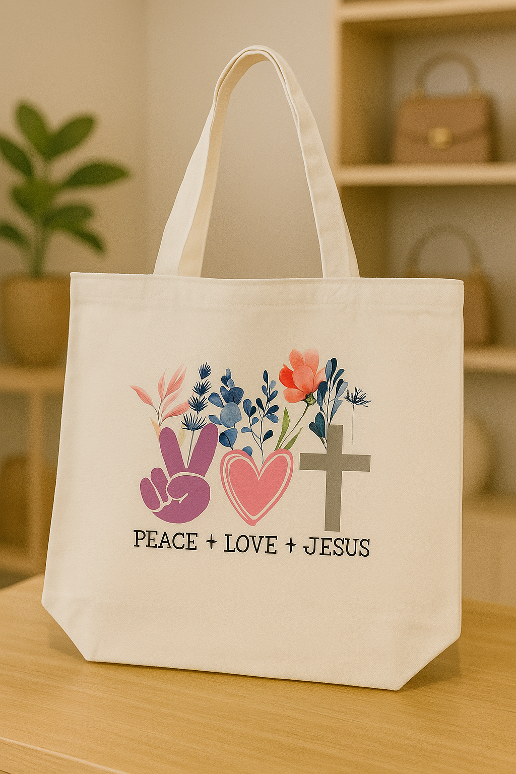 PEACE LOVE ANS JESUS - WHT TOTE BAG - LG