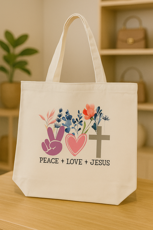 PEACE LOVE ANS JESUS - WHT TOTE BAG - LG