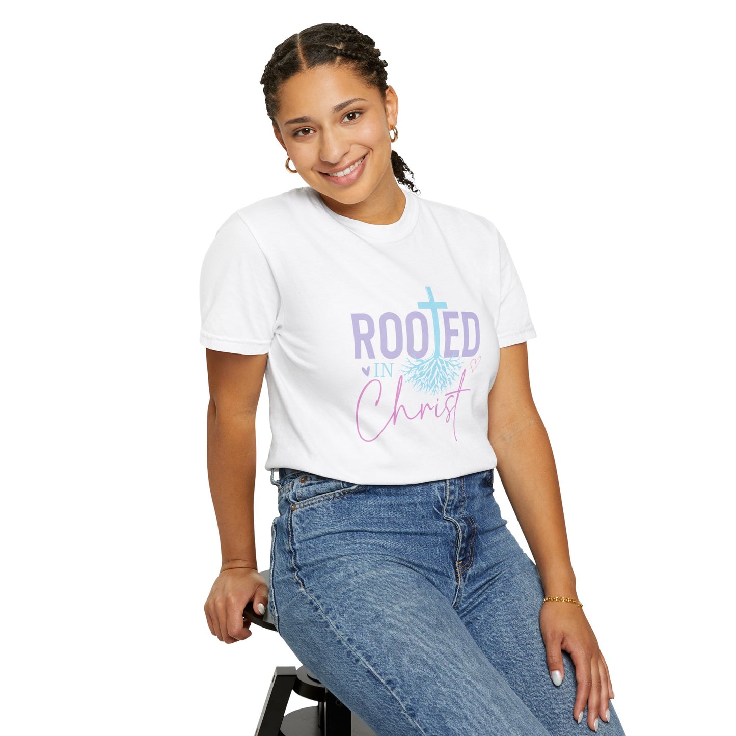 Rooted in Christ T-Shirt — Christian Faith Tee with Cross & Roots Design