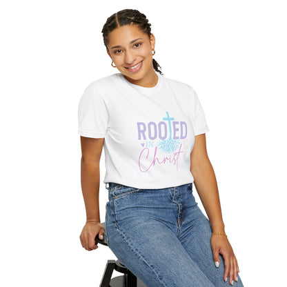Rooted in Christ T-Shirt — Christian Faith Tee with Cross & Roots Design