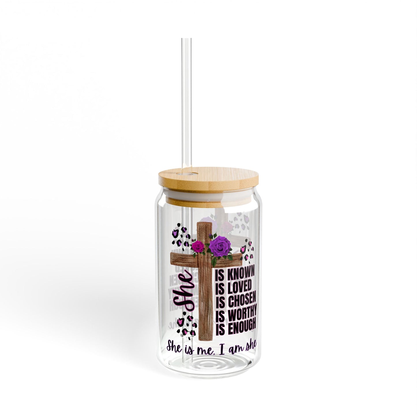 Inspirational Sipper Glass with Straw, Bible Verse Drinkware for Faith Lovers, Motivational Gift, Hydration Accessory for Home, (Pink & Purple)