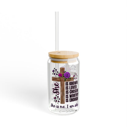 Inspirational Sipper Glass with Straw, Bible Verse Drinkware for Faith Lovers, Motivational Gift, Hydration Accessory for Home, (Pink & Purple)