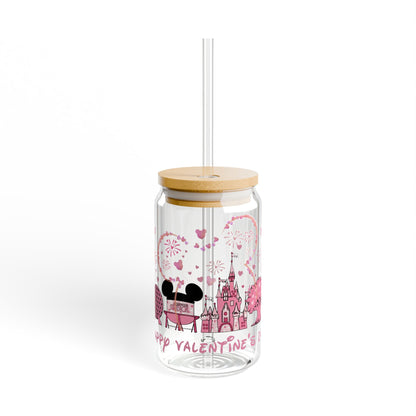 Valentine's Theme Sipper Glass - 16oz Romantic Castle & Fireworks Drink Tumbler