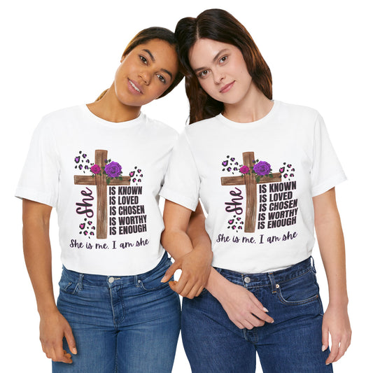 Faith-Inspired Unisex Jersey Tee, Inspirational T-Shirt for Women, Spiritual Gift, Church Events, Empowerment Apparel, Everyday Wear (PINK & PURPLE)