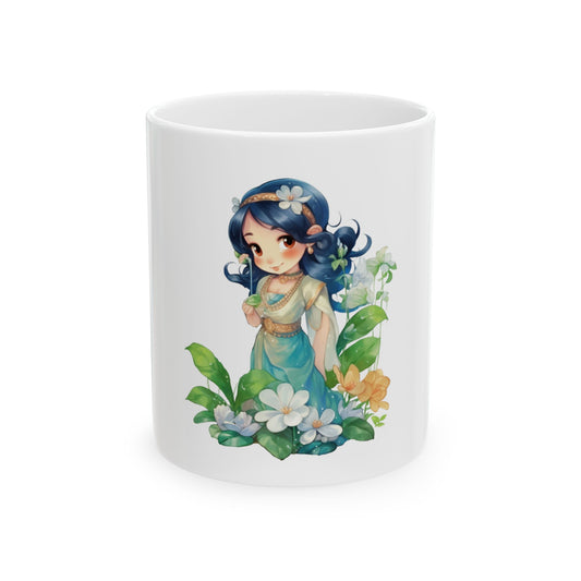 Floral Anime Girl Ceramic Mug — Cute Watercolor Nature Tea Coffee Cup (11oz/15oz)