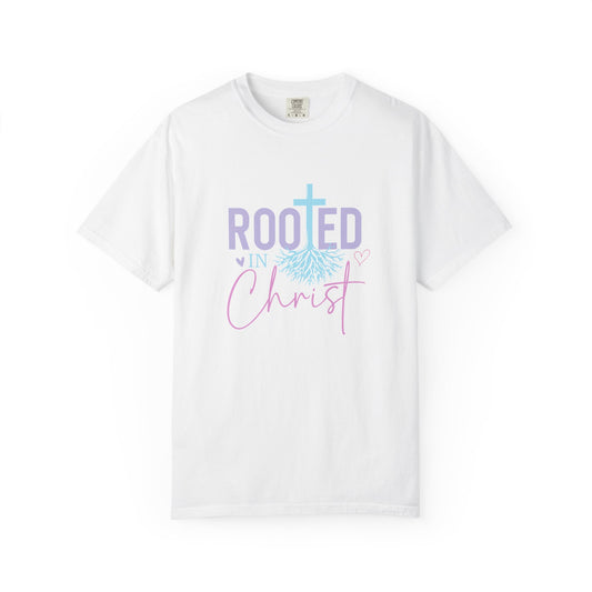 Rooted in Christ T-Shirt — Christian Faith Tee with Cross & Roots Design