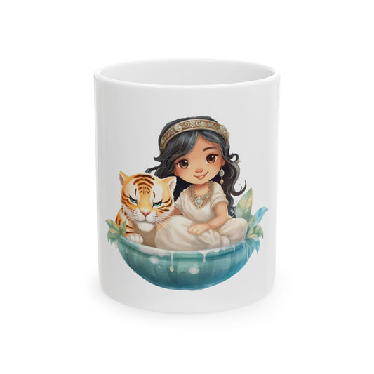 Princess and Tiger Ceramic Mug – Cute Girl Illustration Coffee Cup (11oz/15oz)