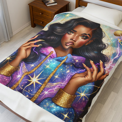 Galaxy Goddess Velveteen Plush Blanket — Afrocentric Starry Hooded Design