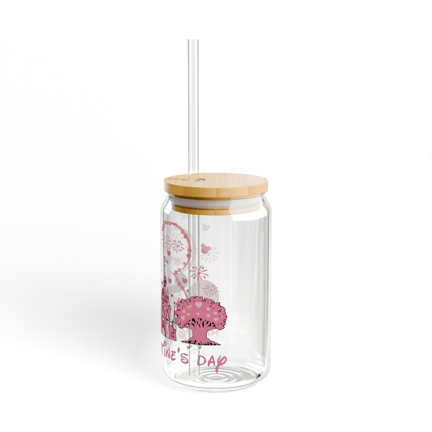 Valentine's Theme Sipper Glass - 16oz Romantic Castle & Fireworks Drink Tumbler
