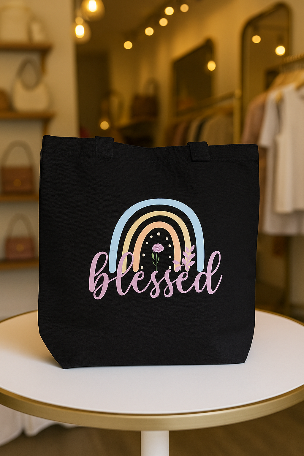 BLESSED W/RAINBOW BLK TOTE BAG - LG