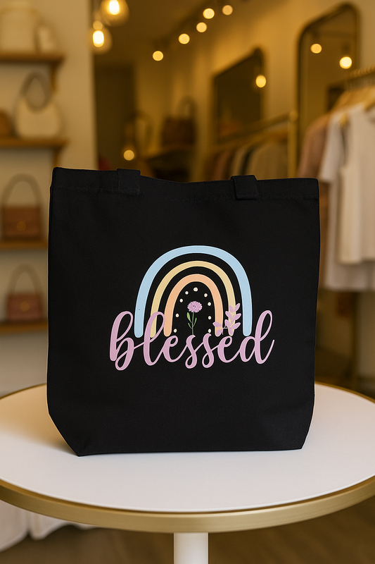 BLESSED W/RAINBOW BLK TOTE BAG - LG