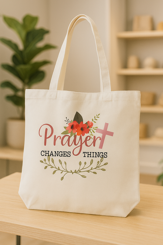 PRAYER CHANGES THINGS - WHT TOTE BAG - LG